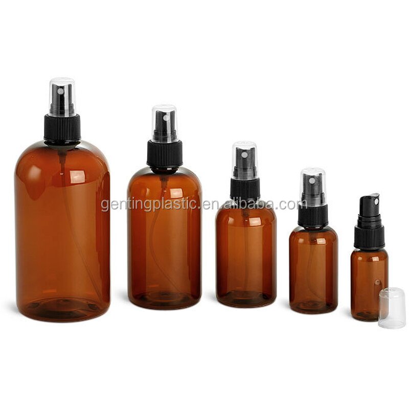 Amber PET Cosmetic Bottles Manufacturer - OEM/ODM Custom Amber PET Cosmetic Plastic Bottles with Black Fine Mist Sprayers