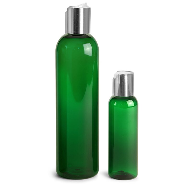 Plastic Bottles Manufacturer - OEM/ODM Custom Green PET Cosmo Rounds with Smooth Black Disc Top Caps 250ml