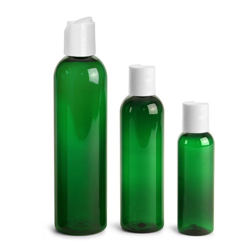 Plastic Bottles Manufacturer - OEM/ODM Custom Green PET Cosmo Rounds with Smooth Black Disc Top Caps 250ml
