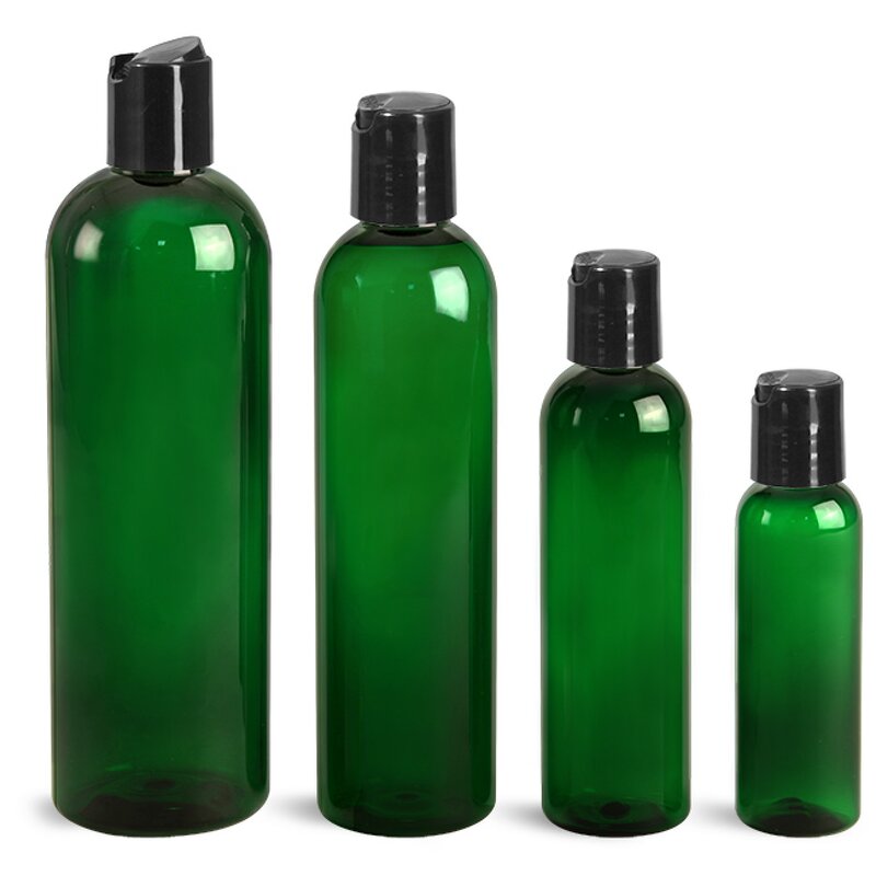 Plastic Bottles Manufacturer - OEM/ODM Custom Green PET Cosmo Rounds with Smooth Black Disc Top Caps 250ml