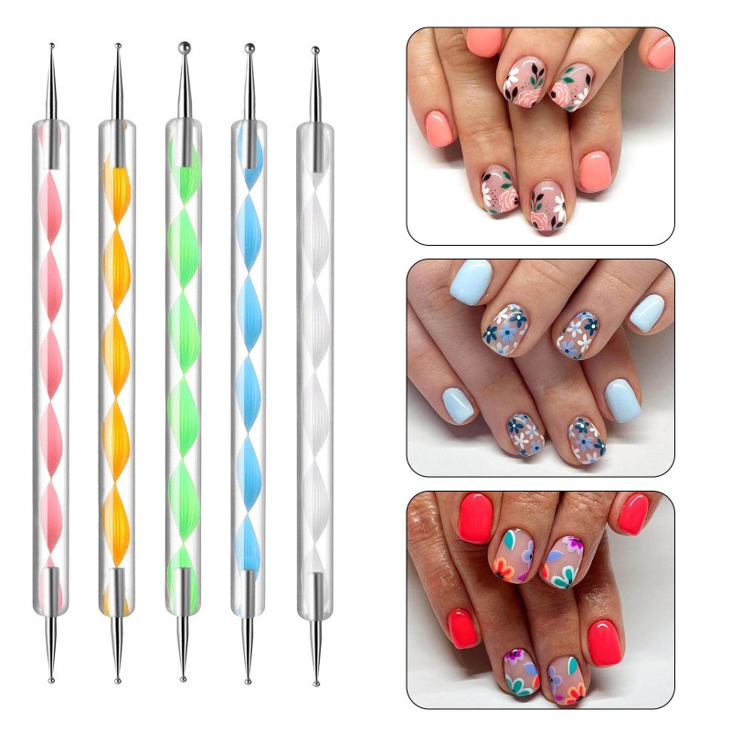 Luxury 5pcs/set Nail Art Dotting Pen with Acrylic Handle and 2 Way Rhinestone Crystal Brush Nail Art Style