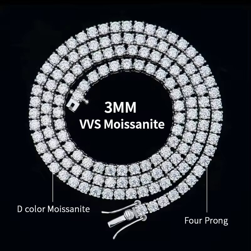 Moissanite Tennis Chain Necklace Manufacturer - OEM/ODM Custom USA Stocks Moissanite Tennis Chain 925 Silver 3mm