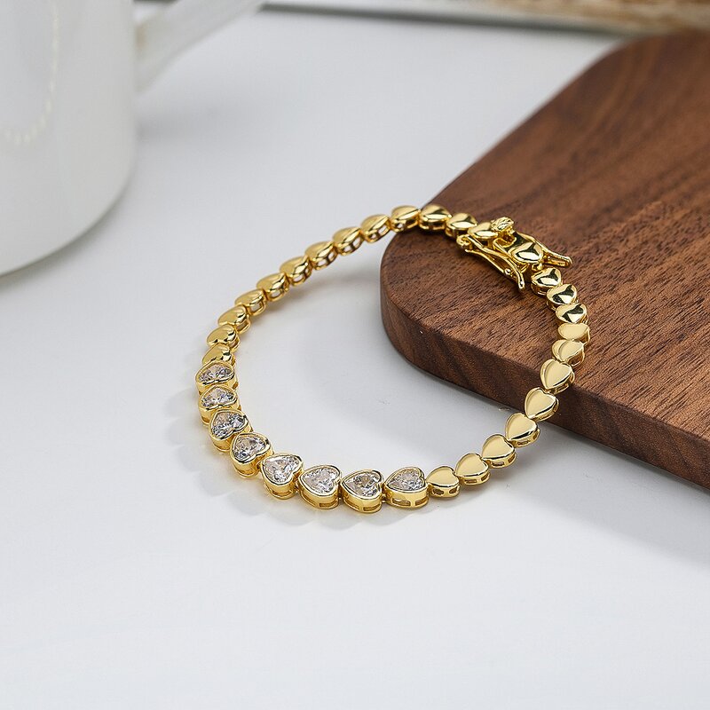 Gold Tennis Line Bracelet Manufacturer - OEM/ODM Custom Minimalist 925 Silver Tennis Line Bracelet 3mm Heart Cut Gold CZ