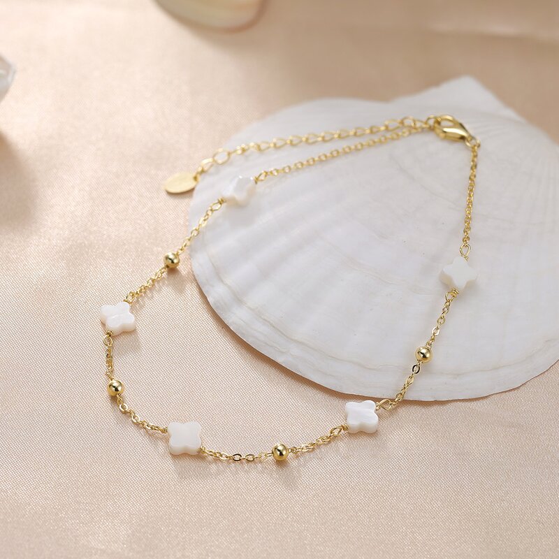 Adjustable 14K Gold Plated Anklet Factory - OEM/ODM Custom Adjustable 14K Gold Plated 925 Silver Shell Pearls Anklet Chain