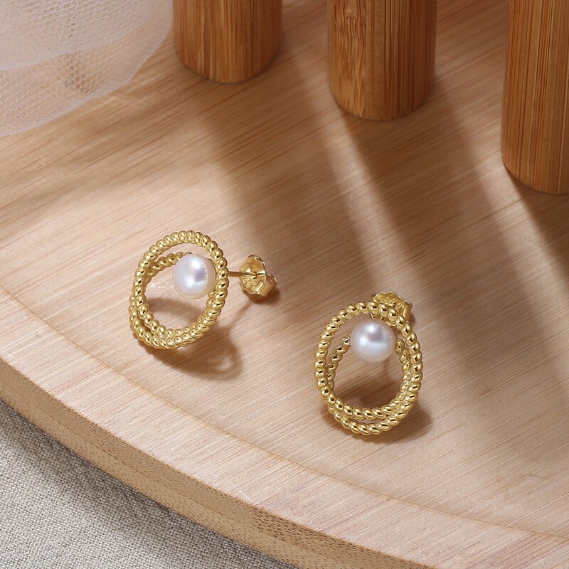 Geometric Pearl Earrings Stud Factory - OEM/ODM Custom Geometric Pearl Earrings Stud 925 Silver Fine Jewelry 14K Gold