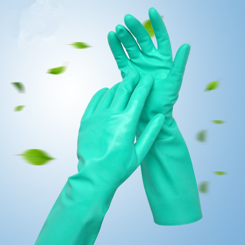 Reusable Dishwashing Gloves Factory - OEM/ODM Custom Flocking Green Nitrile Reusable Chemical Gloves