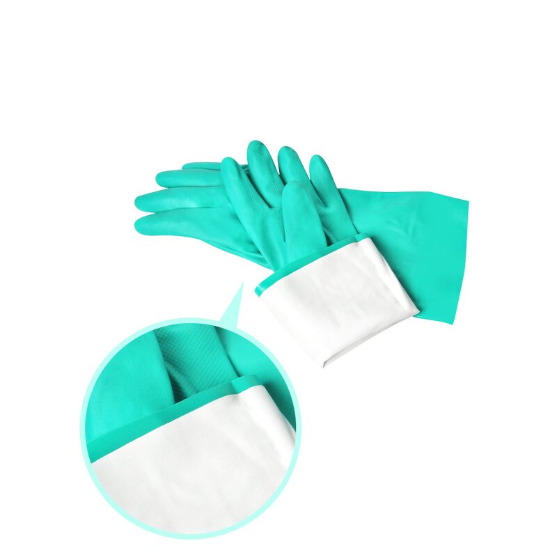 Reusable Dishwashing Gloves Factory - OEM/ODM Custom Flocking Green Nitrile Reusable Chemical Gloves