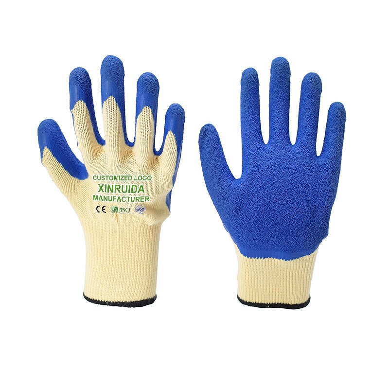 Latex Coated Work Gloves Supplier - Yellow Polyester-Cotton Blue Latex Crinkle