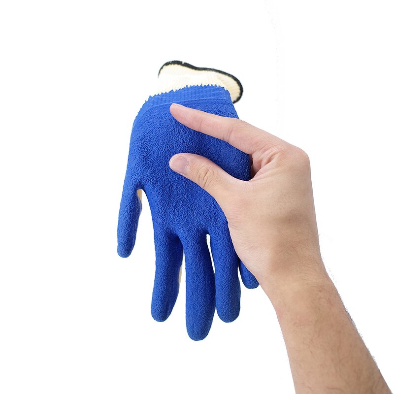 Latex Coated Work Gloves Supplier - Yellow Polyester-Cotton Blue Latex Crinkle