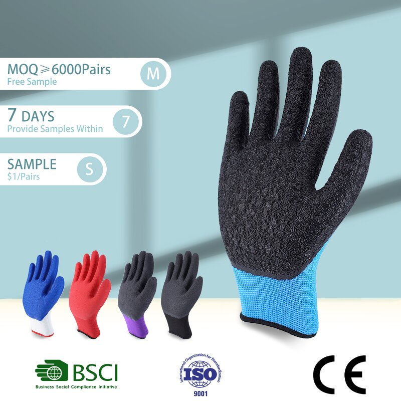 Latex Coated Rubber Work Gloves Supplier - Black Latex Crinkle Coated Finish