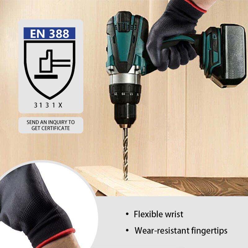 PU Coated Construction Gloves Manufacturer - Black Breathable CE Protection Work