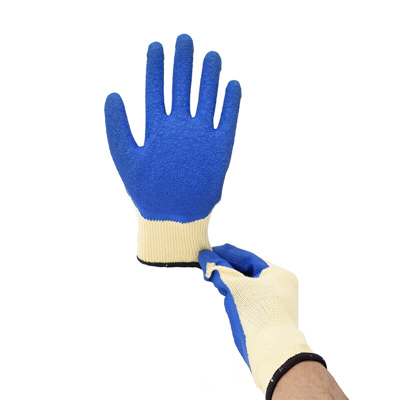 Latex Coated Work Gloves Supplier - Yellow Polyester-Cotton Blue Latex Crinkle