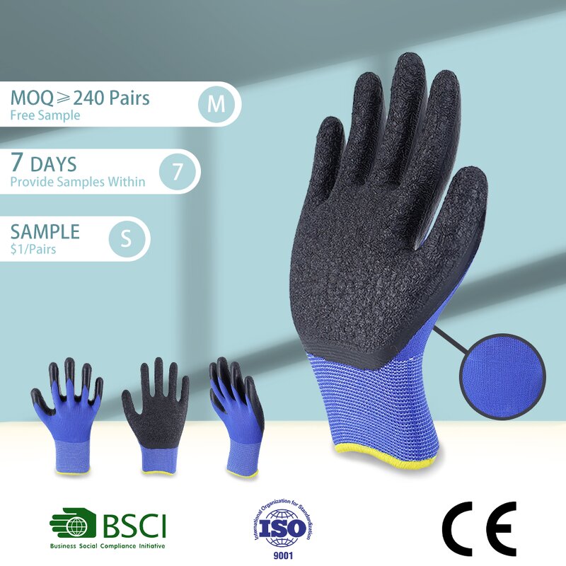 Latex Coated Work Gloves Supplier - Black Latex Finish Construction Safety Gloves