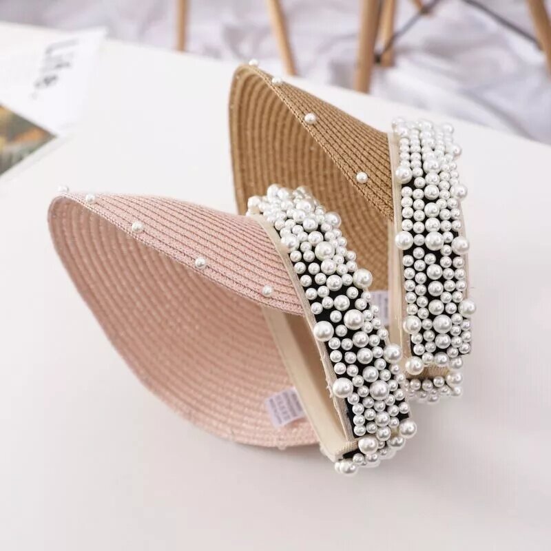 Straw Hat Supplier - Women Visor Beach Packable Straw Hat Summer with Pearl
