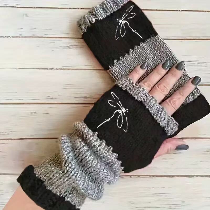 Fingerless Gloves Factory - Winter Knitted Thermal Patchwork Embroidered Mittens