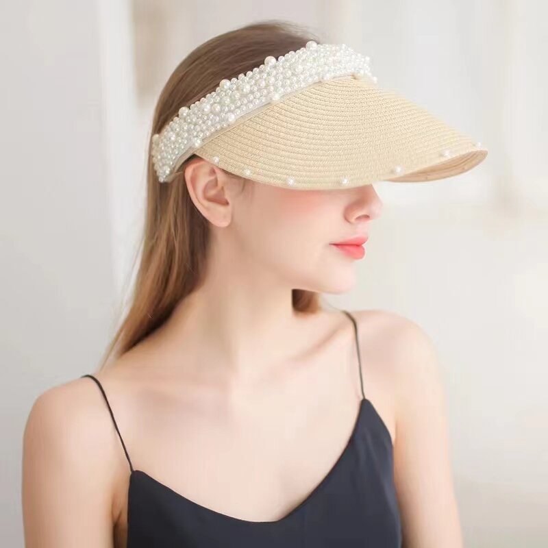 Straw Hat Supplier - Women Visor Beach Packable Straw Hat Summer with Pearl