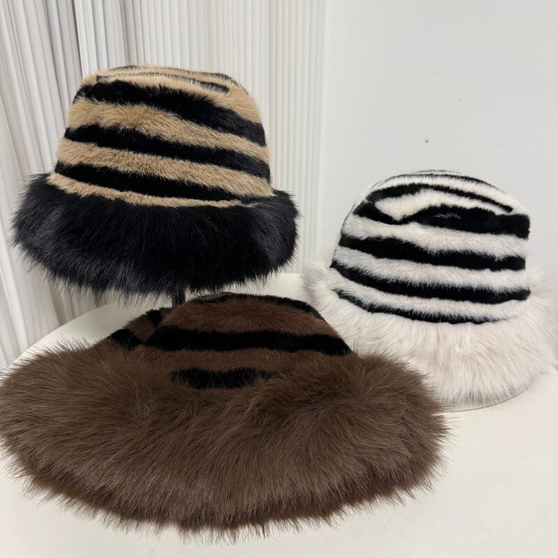 Bucket Hat Supplier - Fuzzy Stripped Bucket Hat for Women Outdoor