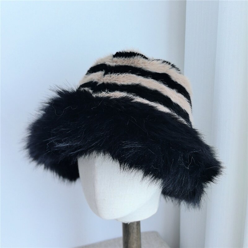 Bucket Hat Supplier - Fuzzy Stripped Bucket Hat for Women Outdoor