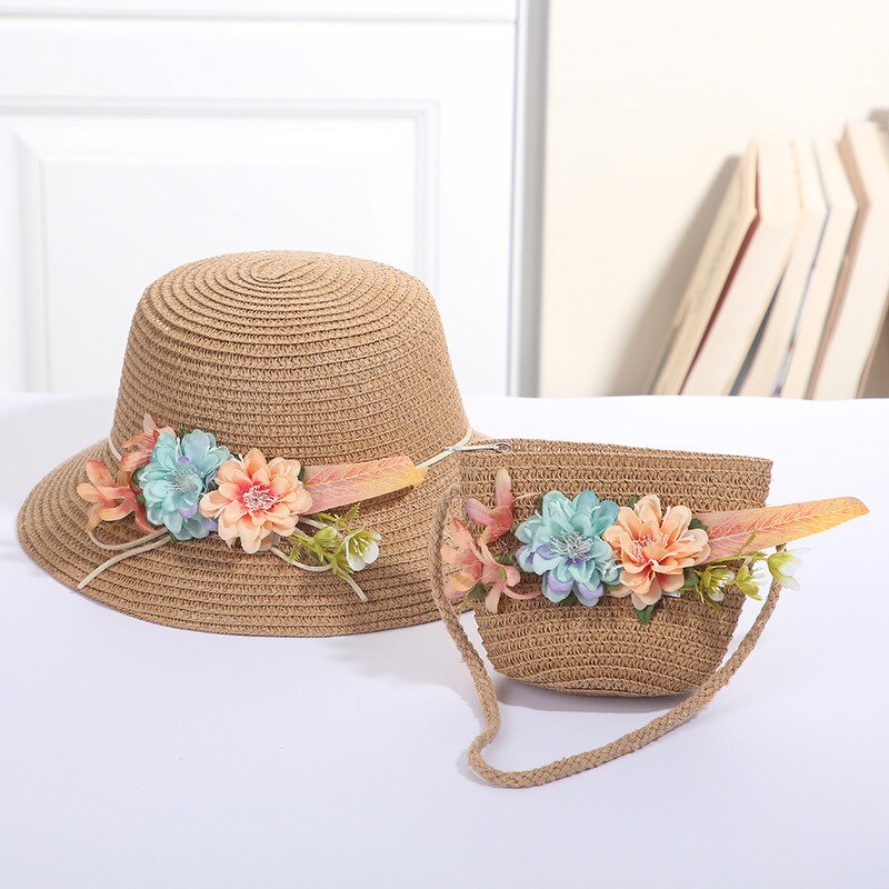 Sun Hat Set Factory - Children Straw Hat Lace Flower Bow Beach Two Piece