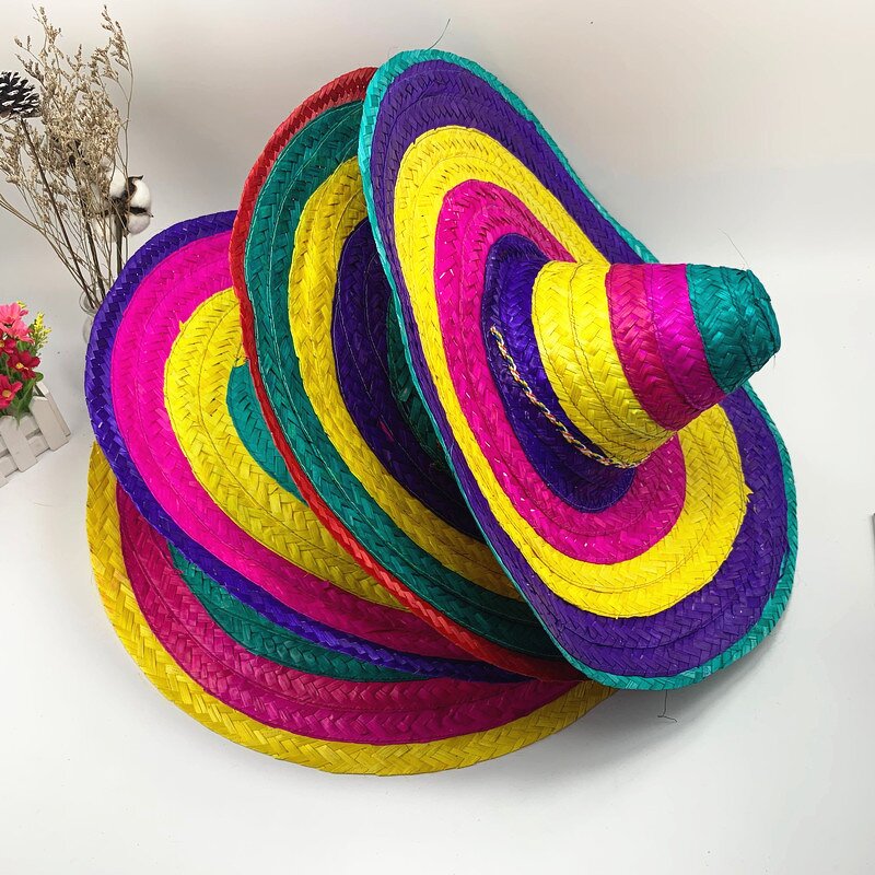 Straw Hat Supplier - Mexican Woven Hawaii Rainbow Bobble Straw Hat