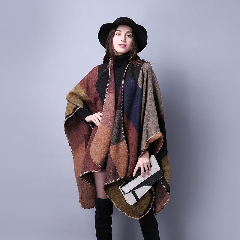 Poncho Manufacturer - Women Plaid Sweater Poncho Travel Imitation Cashmere