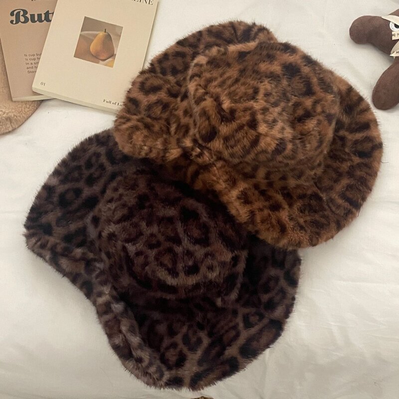 Fedora Hat Factory - Winter Plush Faux Leopard Print Fur Hat for Women