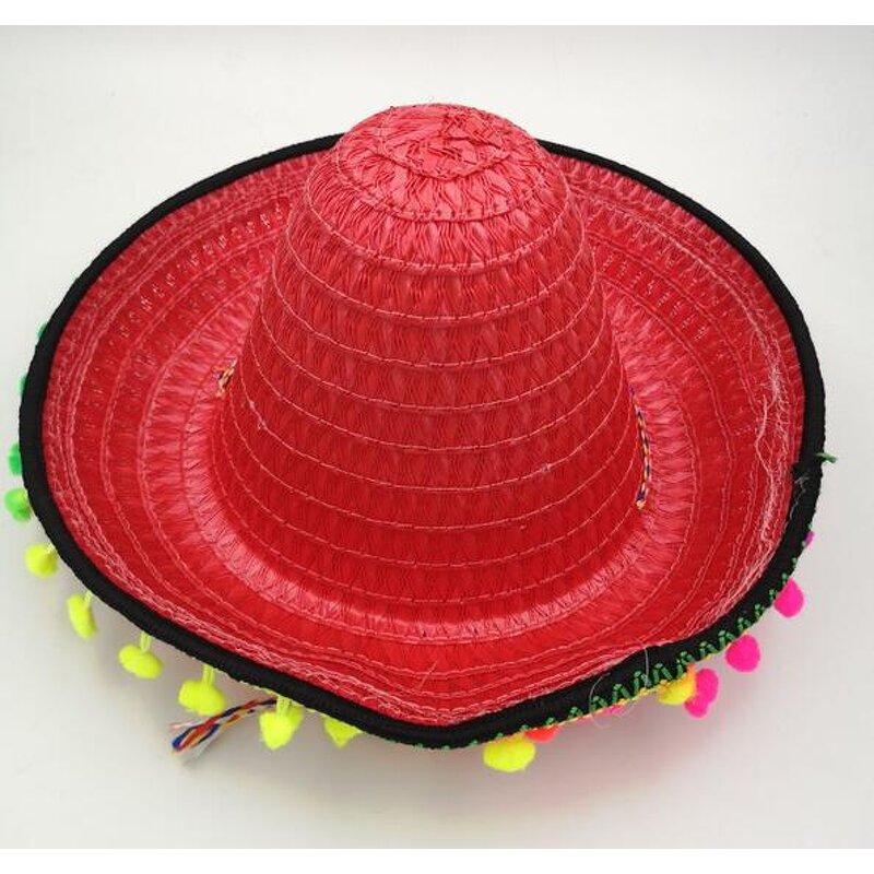 Sombrero Factory - Kids Mexican Party Pompom Straw Hat with Fixed Rope