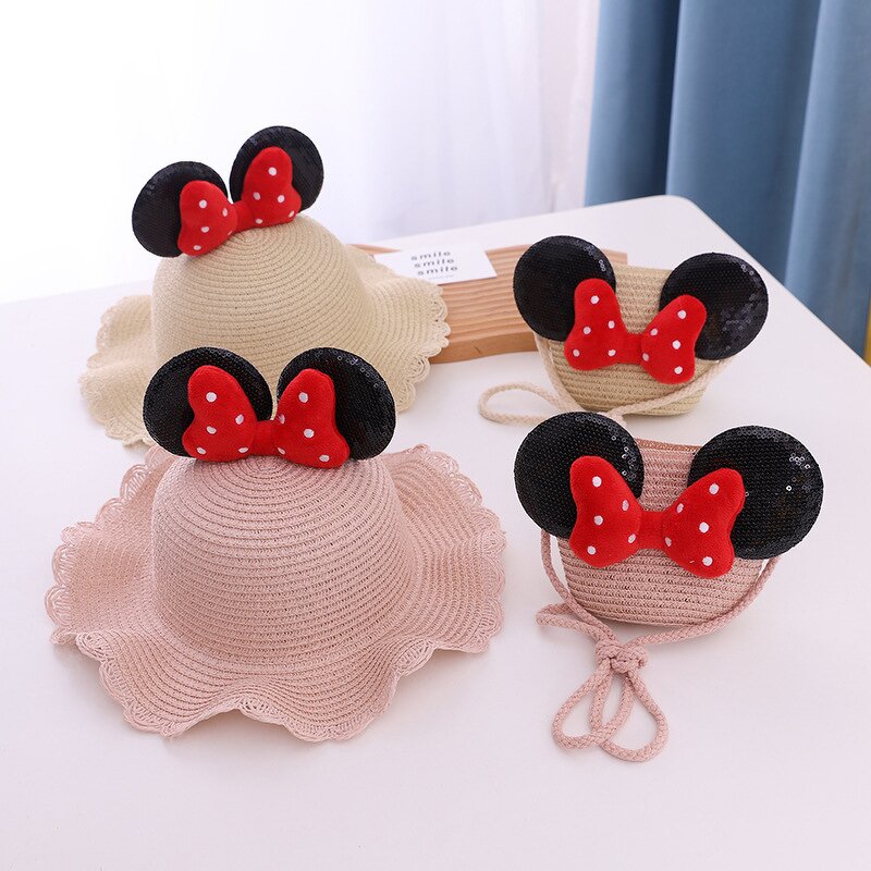 Sun Hat Set Factory - Summer Girl Straw Hat Bag Set Cartoon Ear Red Bow
