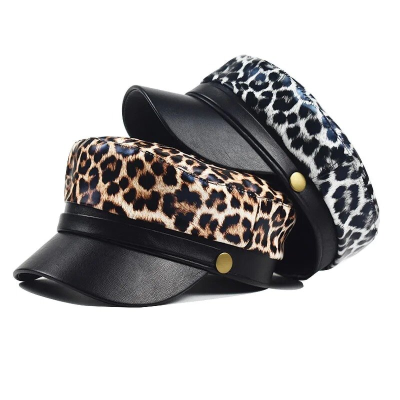 Beret Hat Supplier - Vintage Leopard Print PU Leather Flat Top Cap