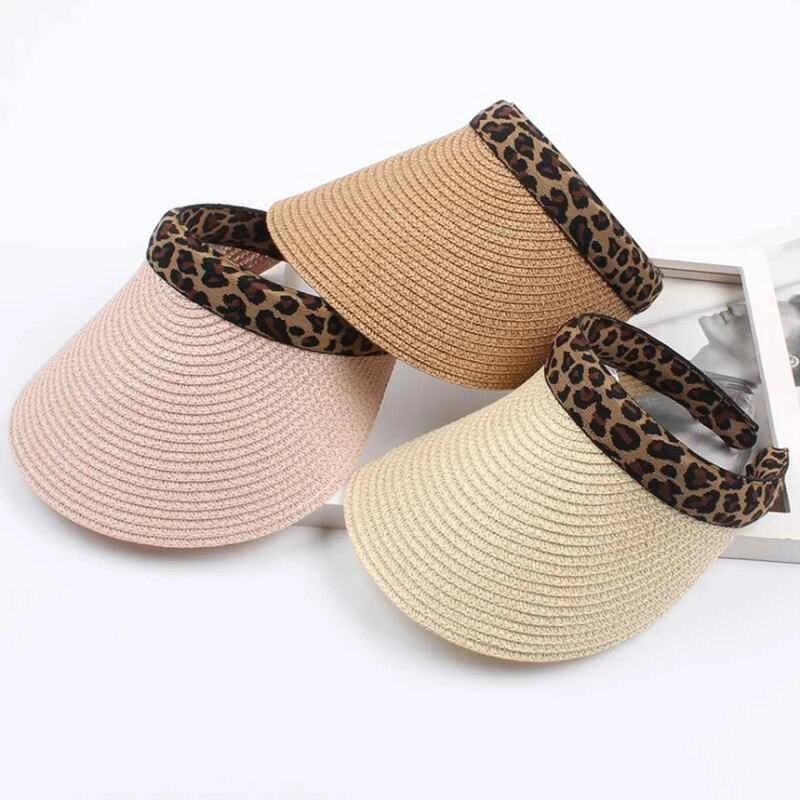Sun Visor Factory - Women Leopard Straw Sun Visor Wide Brim UV Protection