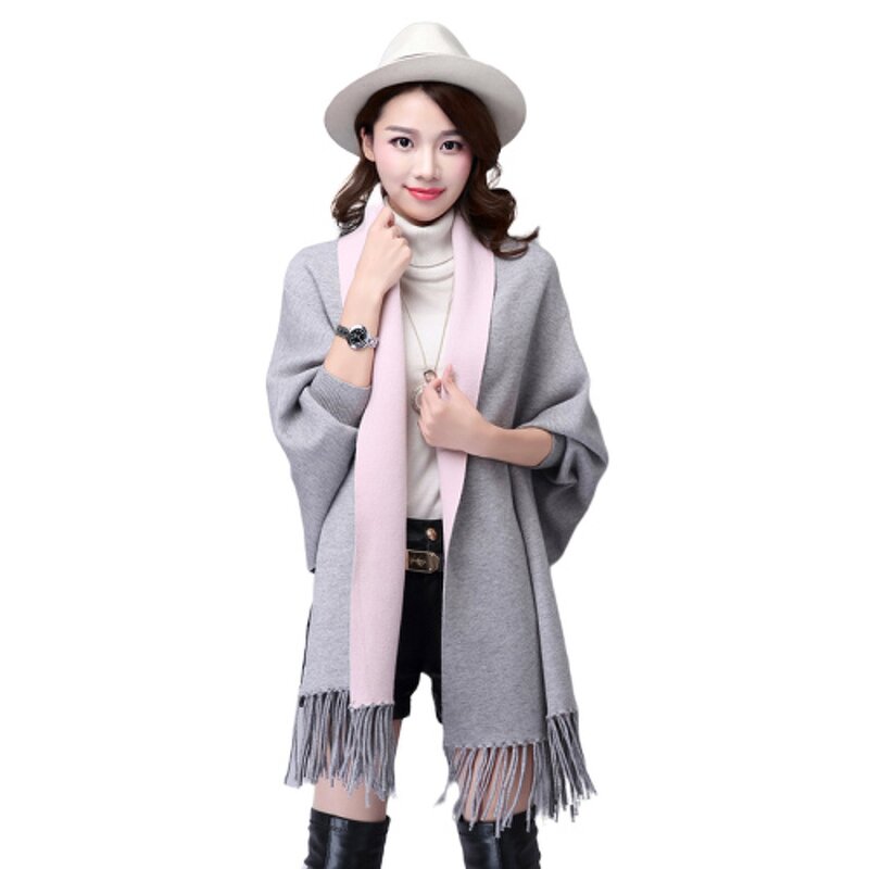 Poncho Manufacturer - Winter Loose Knitted Tassel Poncho Batwing Sleeve