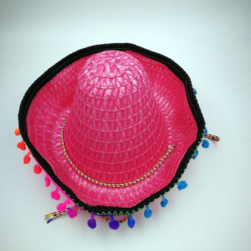 Sombrero Factory - Kids Mexican Party Pompom Straw Hat with Fixed Rope