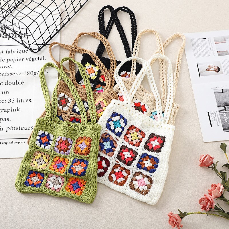Shoulder Bag Manufacturer - Bohemian Crochet Granny Square Tote Bag Knitted