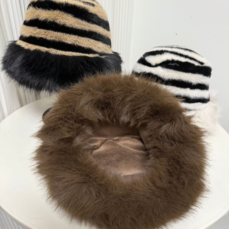 Bucket Hat Supplier - Fuzzy Stripped Bucket Hat for Women Outdoor
