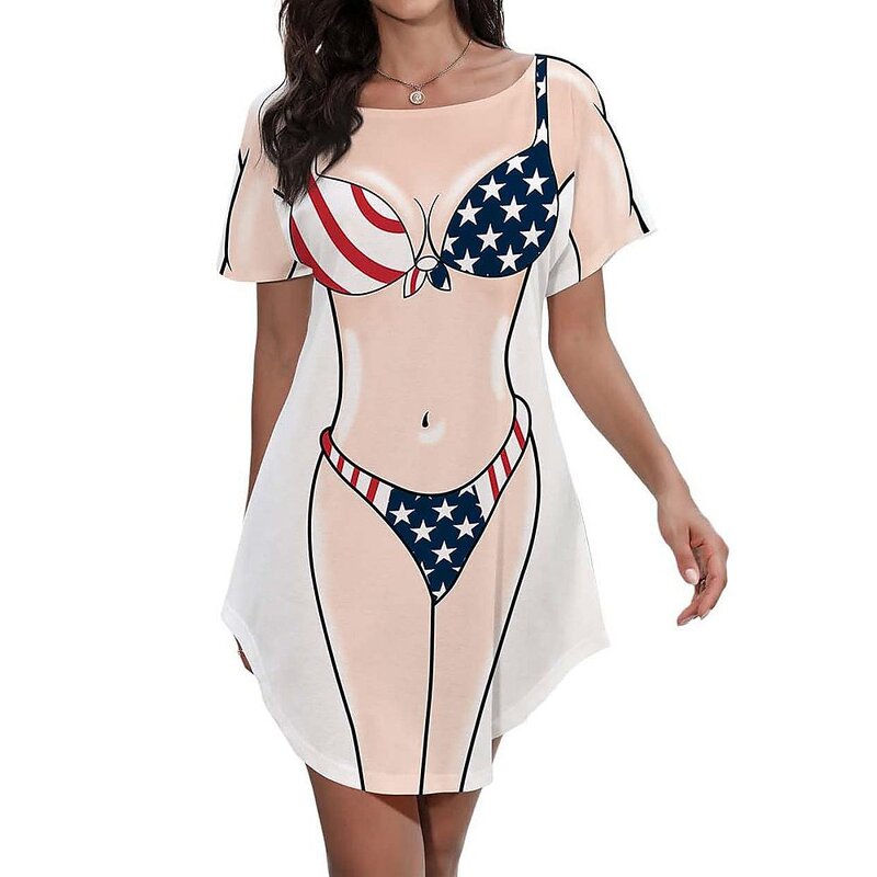 Tshirt Dress Supplier - Women Bikini Print Funny Short Sleeve Loose Beach Dress