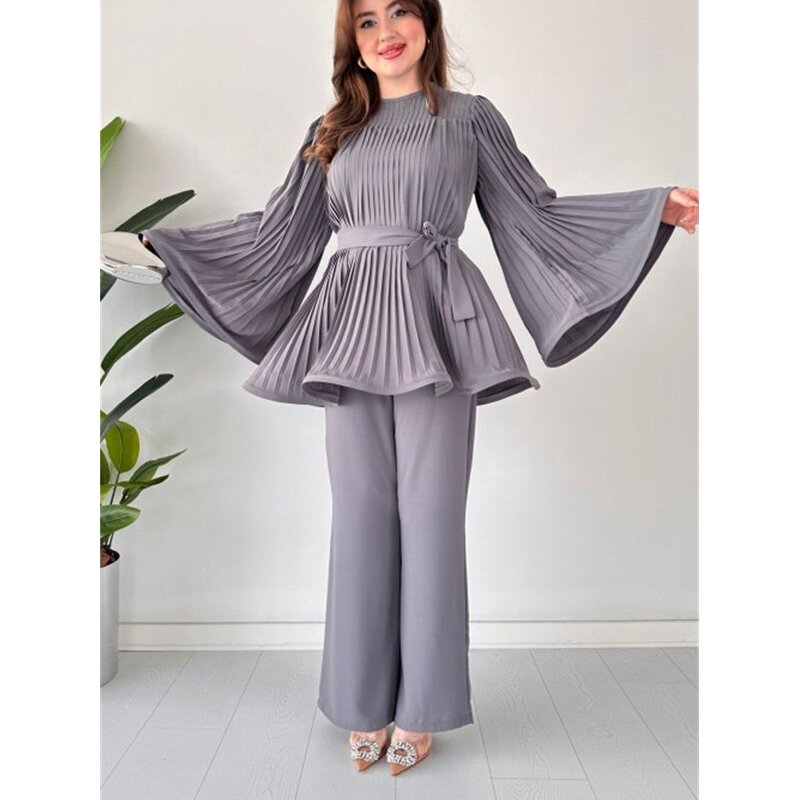 Tops Set Manufacturer - Women Solid Color Casual Loose Flared Sleeve Set