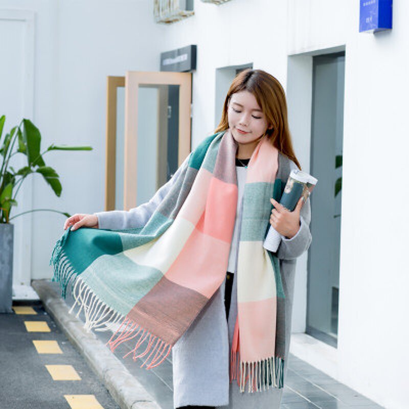 Scarf Supplier - Knitted Winter Women Plaid Warm Cashmere Square Shawl