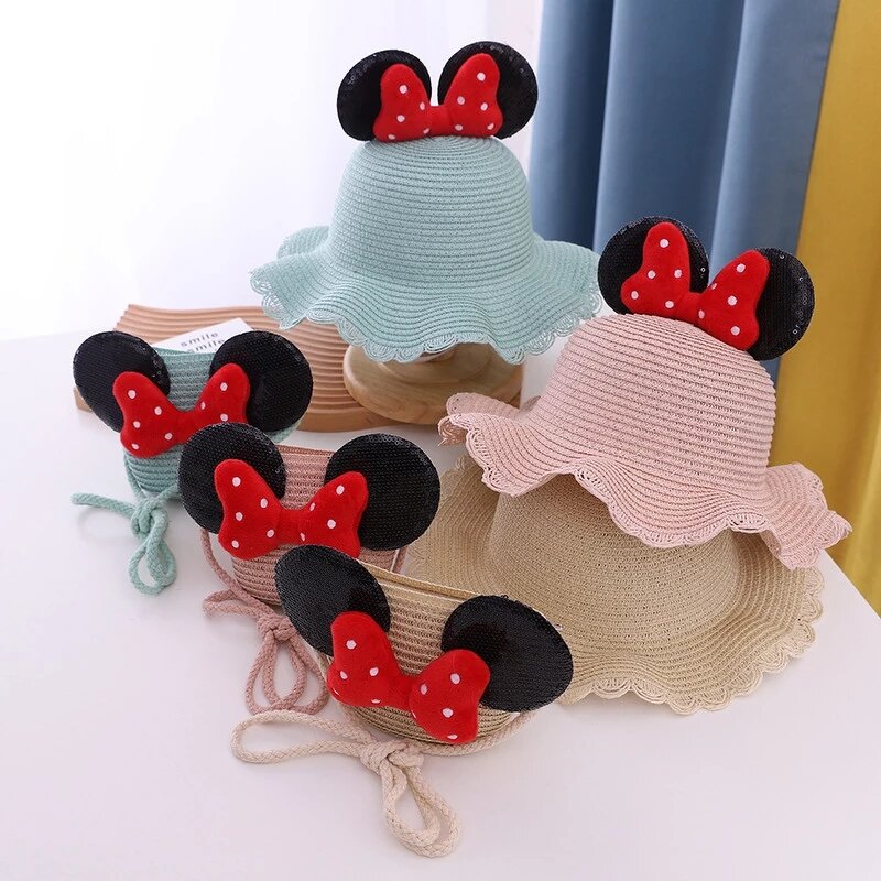Sun Hat Set Factory - Summer Girl Straw Hat Bag Set Cartoon Ear Red Bow