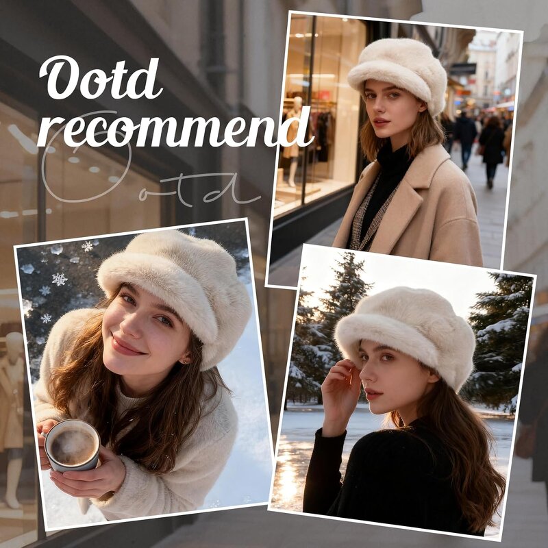 Newsboy Hat Factory - Women Winter Faux Fur Warm Plush Beret Hat Outdoor