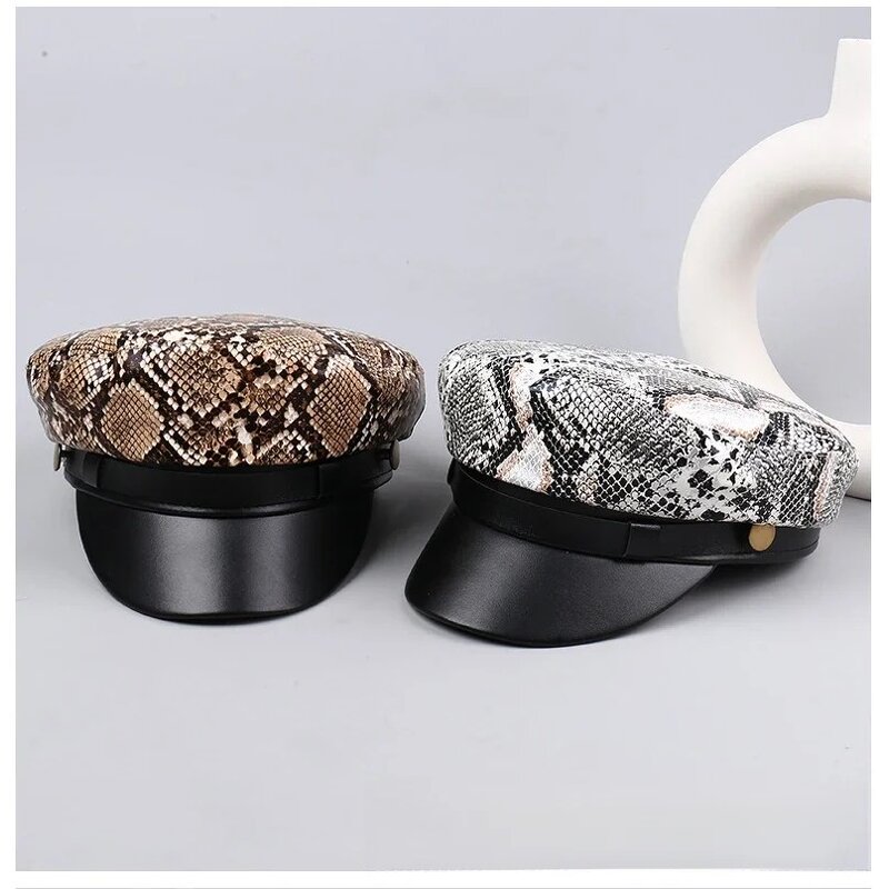 Beret Hat Supplier - Vintage Leopard Print PU Leather Flat Top Cap