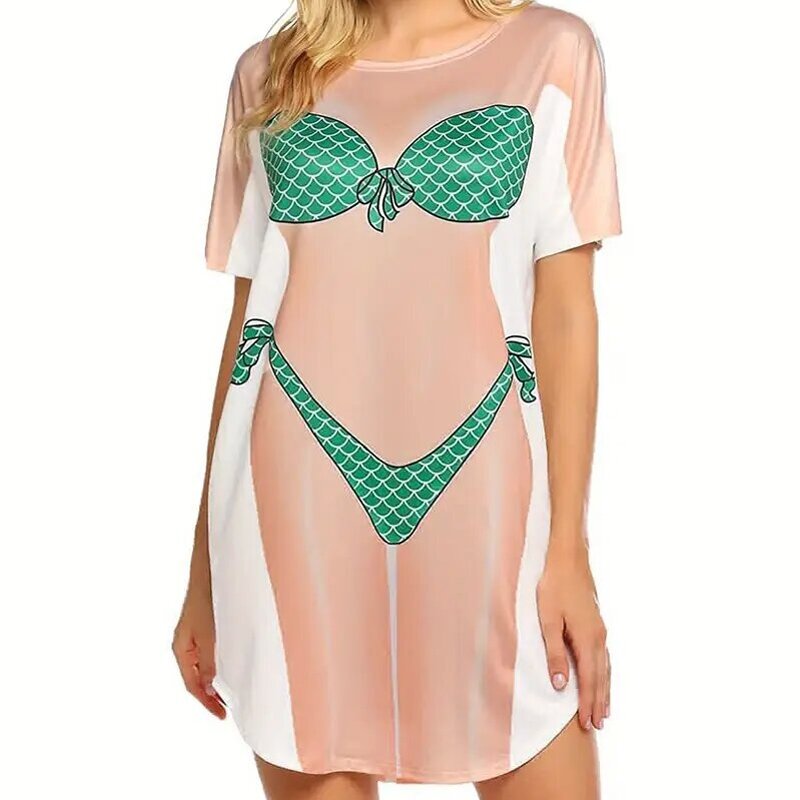 T Shirt Supplier - Women Bikini Print Funny Short Sleeve Loose Swimwear Cover