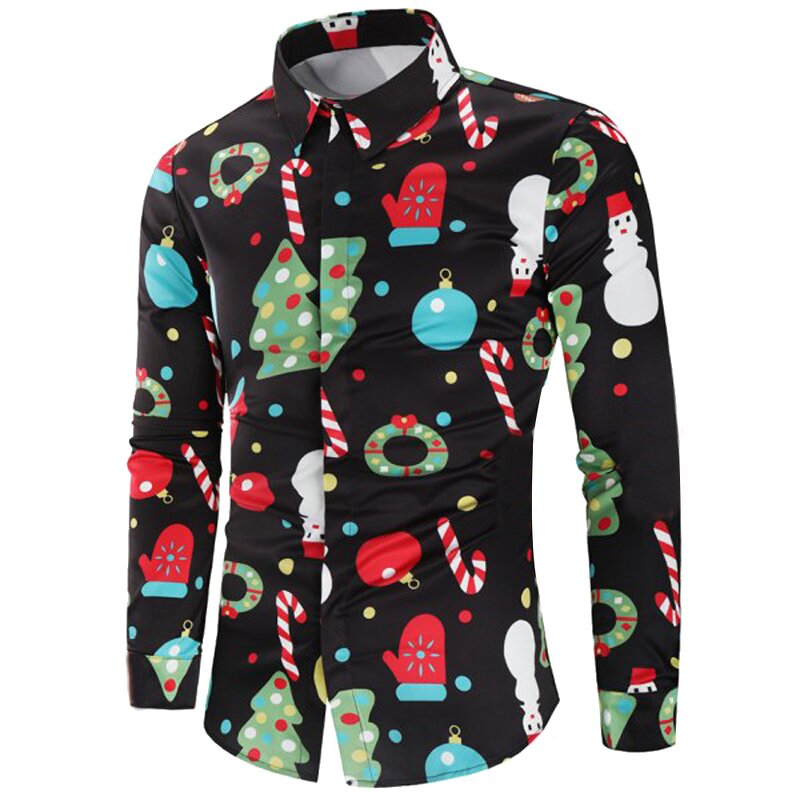Christmas Shirt Manufacturer - Men Casual Snowflakes Santa Candy Printed Shirt