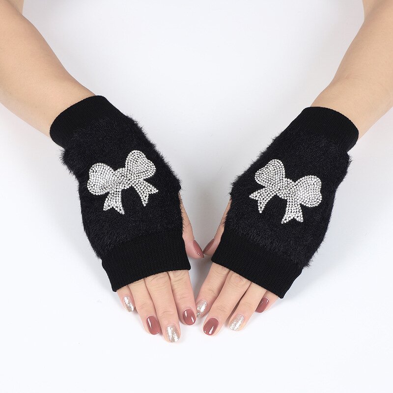 Fingerless Gloves Factory - Women Winter Mink Fur Rhinestone Fox Design Gloves