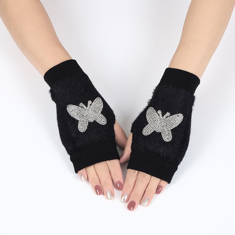 Fingerless Gloves Factory - Women Winter Mink Fur Rhinestone Fox Design Gloves