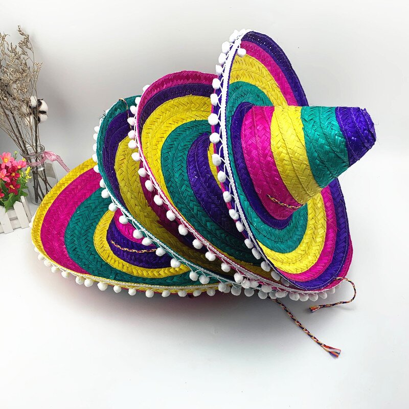 Straw Hat Supplier - Mexican Woven Hawaii Rainbow Bobble Straw Hat