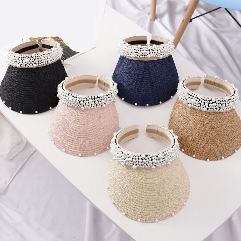 Straw Hat Supplier - Women Visor Beach Packable Straw Hat Summer with Pearl