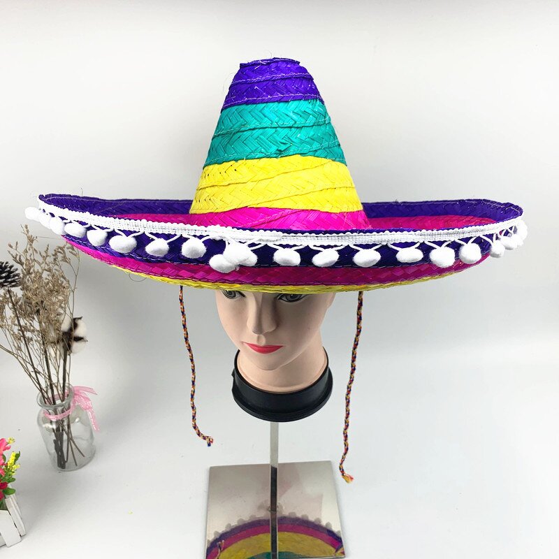 Straw Hat Supplier - Mexican Woven Hawaii Rainbow Bobble Straw Hat