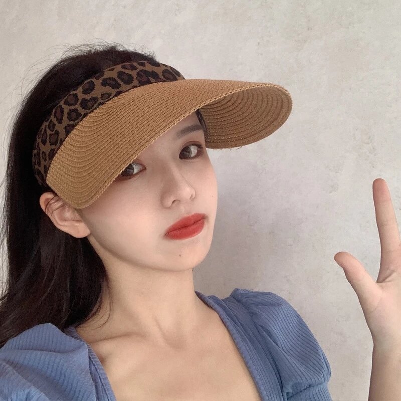 Sun Visor Factory - Women Leopard Straw Sun Visor Wide Brim UV Protection