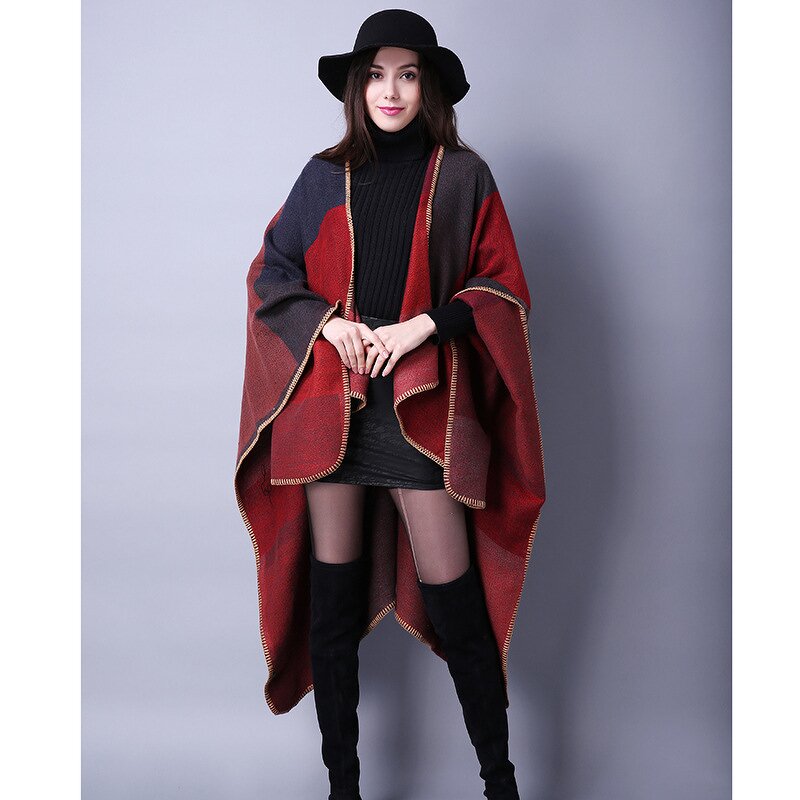 Poncho Manufacturer - Women Plaid Sweater Poncho Travel Imitation Cashmere
