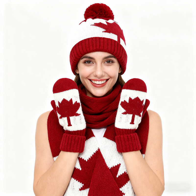 Knit Hat Set Factory - Canadian Themed Maple Leaf Scarf Gloves Set